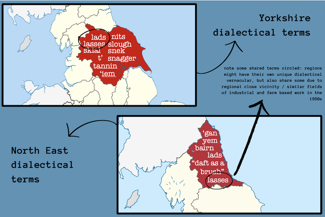 a graphic with a map of the North East and Yorkshire, and words used within those regions in the 1950s